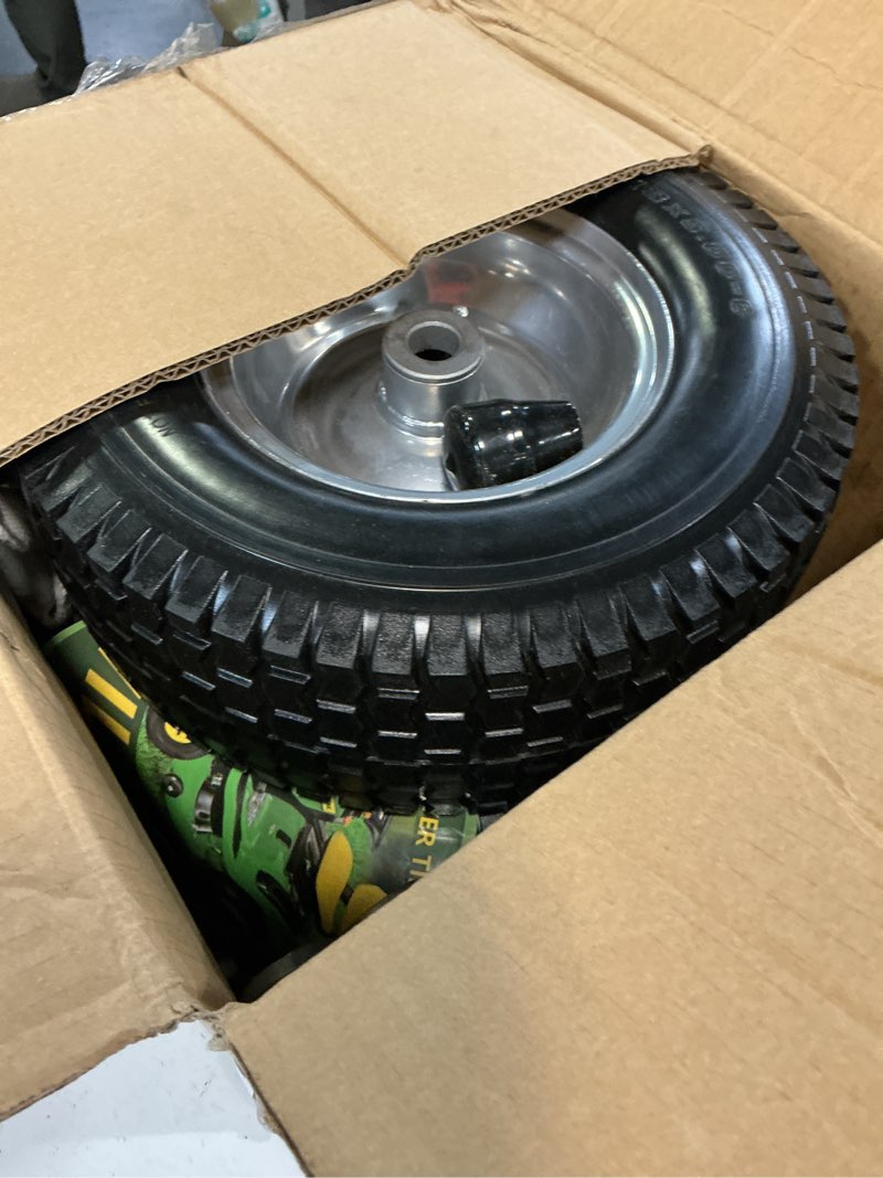 Condition photo showing Good Condition for 13x5.00-6 flat free tire and wheel assemblies (2 pack),13 x 5 x 6 solid rubber tires and wheel for riding lawn mower - with 3/4" bushings (extra 5/8" bushings) and 3" centered hub (grey) 13x5.00-6 flat-free (centered hub,bushings) gray