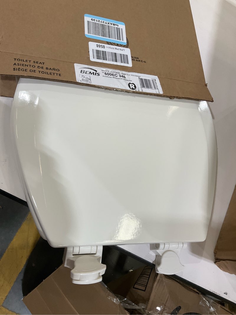Condition photo showing As Is for Bemis 500EC Durable Wood Toilet Seat with Easy Clean Hinges, Made in USA, Round, Biscuit