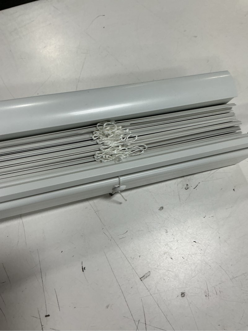 Condition photo showing As Is for 1k+ bought last week Project Source Light Filtering 1-in Slat Width 29-in x 64-in Cordless White Vinyl Light Filtering Mini-blinds Item #889864 | Model #42828