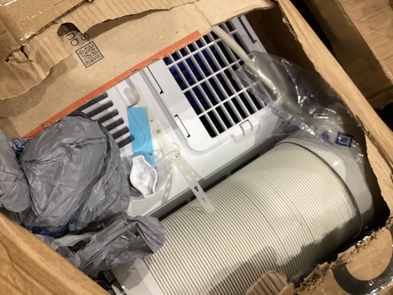 Condition photo showing As Is for serenelife small air conditioner portable 10,000 btu with built-in dehumidifier - portable ac unit for rooms up to 450 sq ft - remote control, window mount exhaust kit
