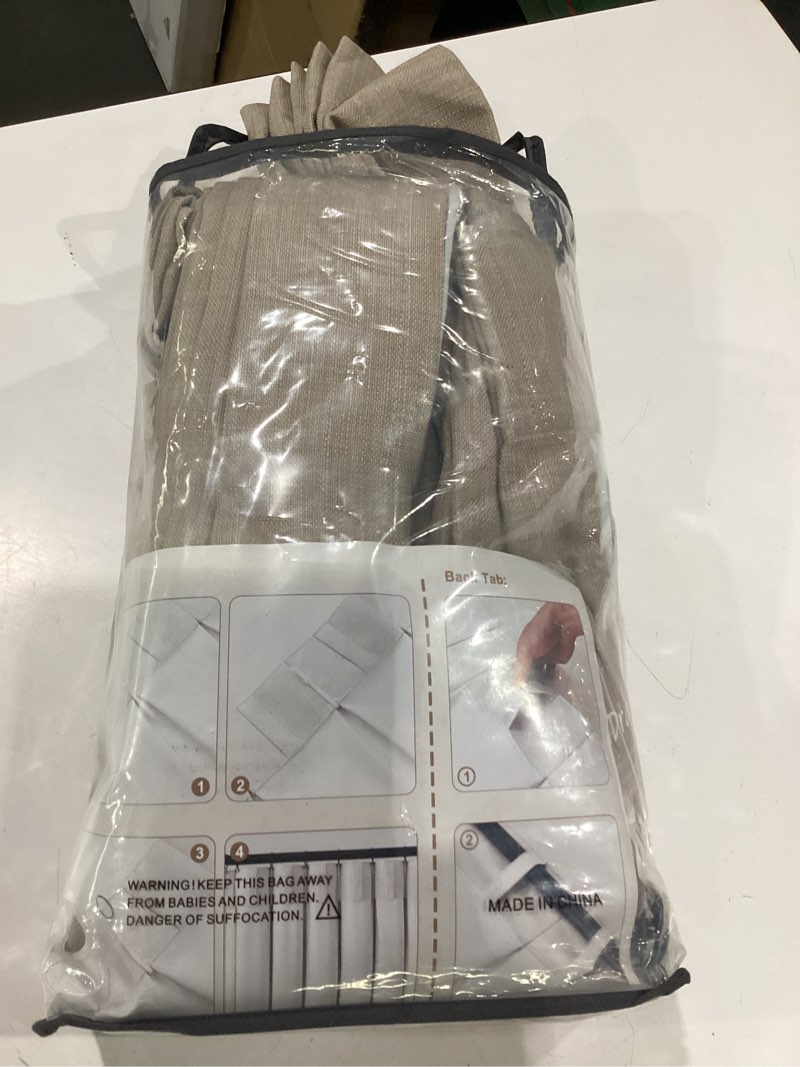 Condition photo showing New/Like New for flax linen greyish beige light blocking curtains 90 inches long 2 panels set for dining room, neutral memory shape pleated blackout heavy duty curtain with hooks ceiling track patio door drape 7-1/2ft burlywood birch 40"w x 90"l (pack of 2)