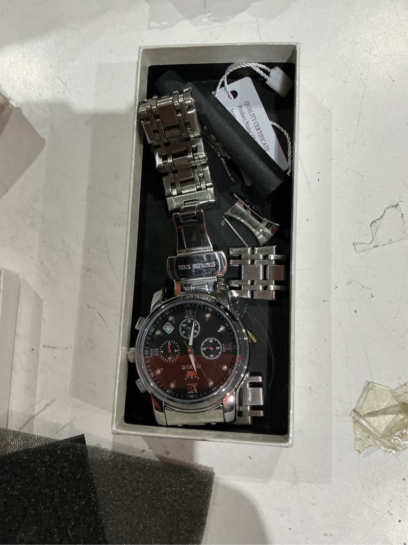Condition photo showing Good Condition for olevs men's stainless steel chronograph watch, big face gold silver black tone easy to read analog quartz watch, luxury waterproof date diamond roman arabic numerals dial dress watch for men black face/silver strap