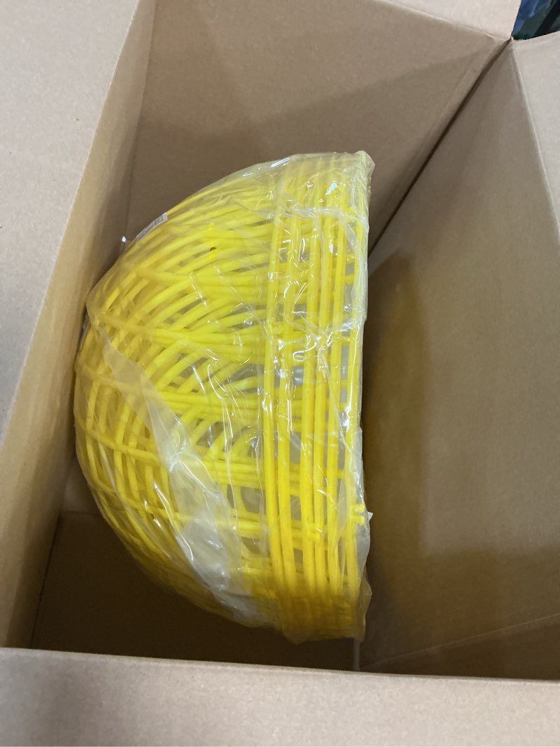 Condition photo showing New/Like New for 3 pcs 11.8 inch yellow 2025 chicken ball cage, plastic rolling orb movable for chickens rabbits birds pigeons, outdoor farm range portable round coop hutch safety globe prevents dog bites 11 inch