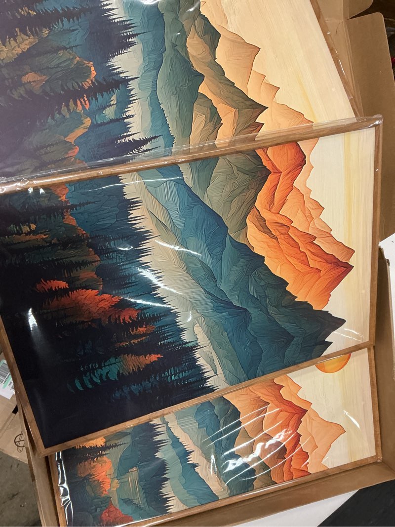 Condition photo showing New/Like New for tinonedraw large mountain framed canvas wall art set of 3, boho nature forest wall decor, neutral wooden pine trees artwork, sunrise ridge landscape art printing for living room bedroom office 16"x24" boho mountains 24l" x 16w"