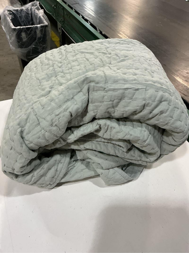 Condition photo showing As Is for quince european linen cotton stitch quilt, king/cal king, mist