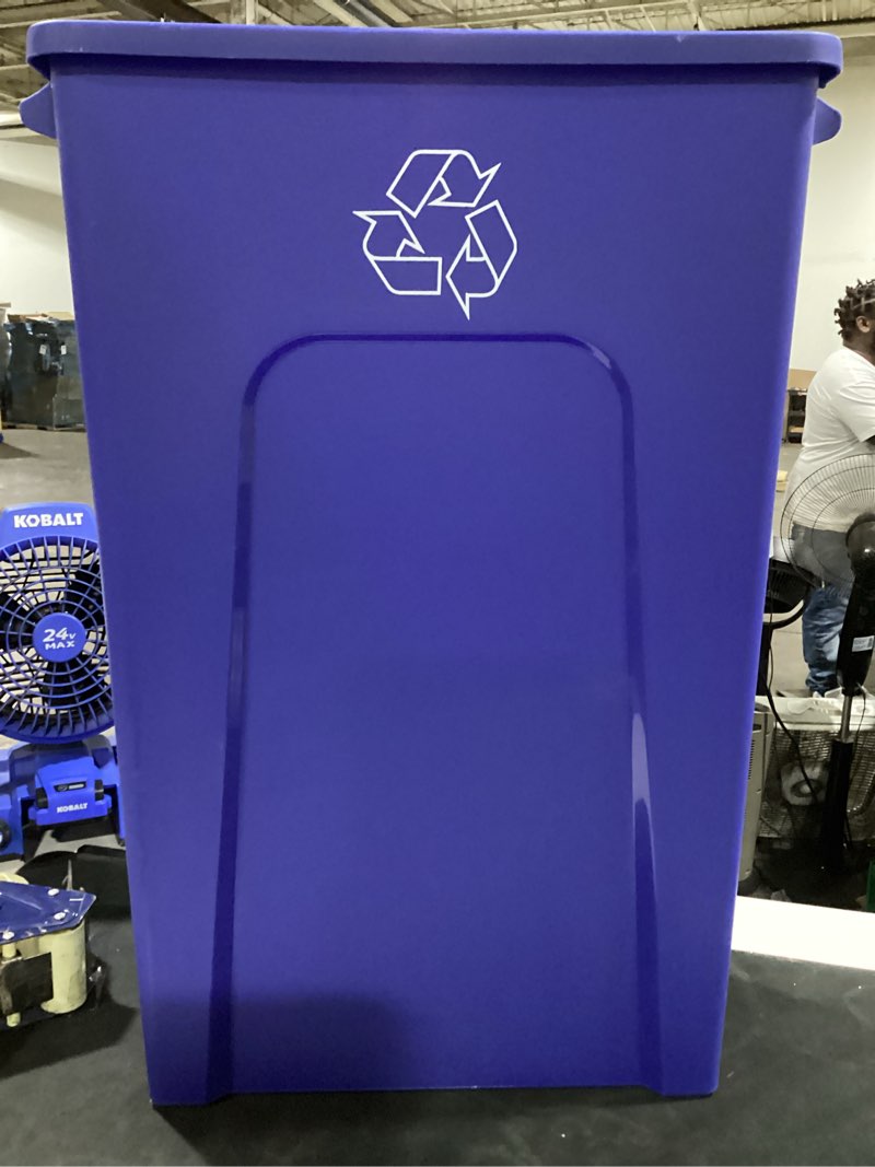 Condition photo showing As Is for (missing lid) genuine joe gjo57258 recycling rectangular container, 23 gallon capacity, 22-1/2\" width x 30\" height x 11\" depth, blue