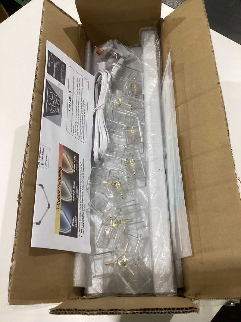 Condition photo showing Good Condition for Hexagon Garage Lights: 3 Colors 3000K 4000k 6500K Honeycomb Hexagon LED Lights Super Bright Car Detailing Garage Light Ceiling LED Shop Light for Warehouse Workshop Gym Basement (14 hex 3 colors) 14 hexagon 3 colors