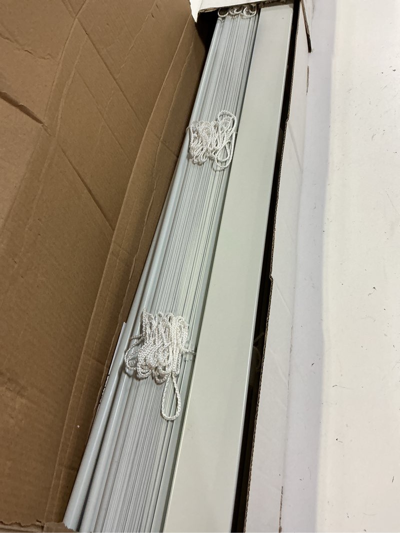 Condition photo showing As Is for cordless room darkening venetian blind - 30 inch width, 64 inch length, 2" vinyl slat size - white - gii luna light filtering horizontal mini windows blinds for interior by achim home decor 30"w x 64"h white