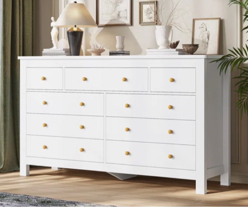 Bedroom Dresser With 9 Drawers, Modern 55.1 Inch Long Dresser With Wide Drawers And Wooden Knobs, Large Capacity Storage Organizer Dresser For Bedroom, Living Room, Hallway