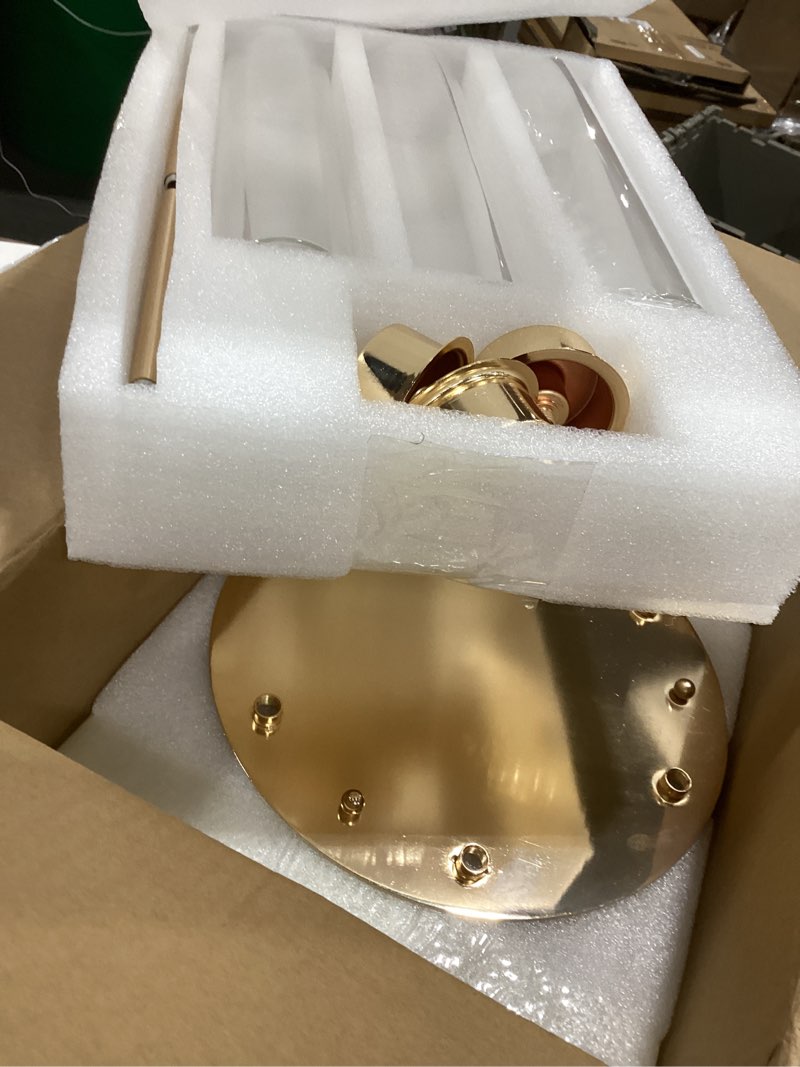 Condition photo showing Good Condition for NUPTIO Hurricane Candelabra Candle Holder: 2 Pcs 6 Arm Gold Metal Candlestick Candelabras with Crystal Glass Chimney Cover 24 inch Tall Vintage Taper Candles Holders for Christmas Fireplace Decor 2 Pcs Gold