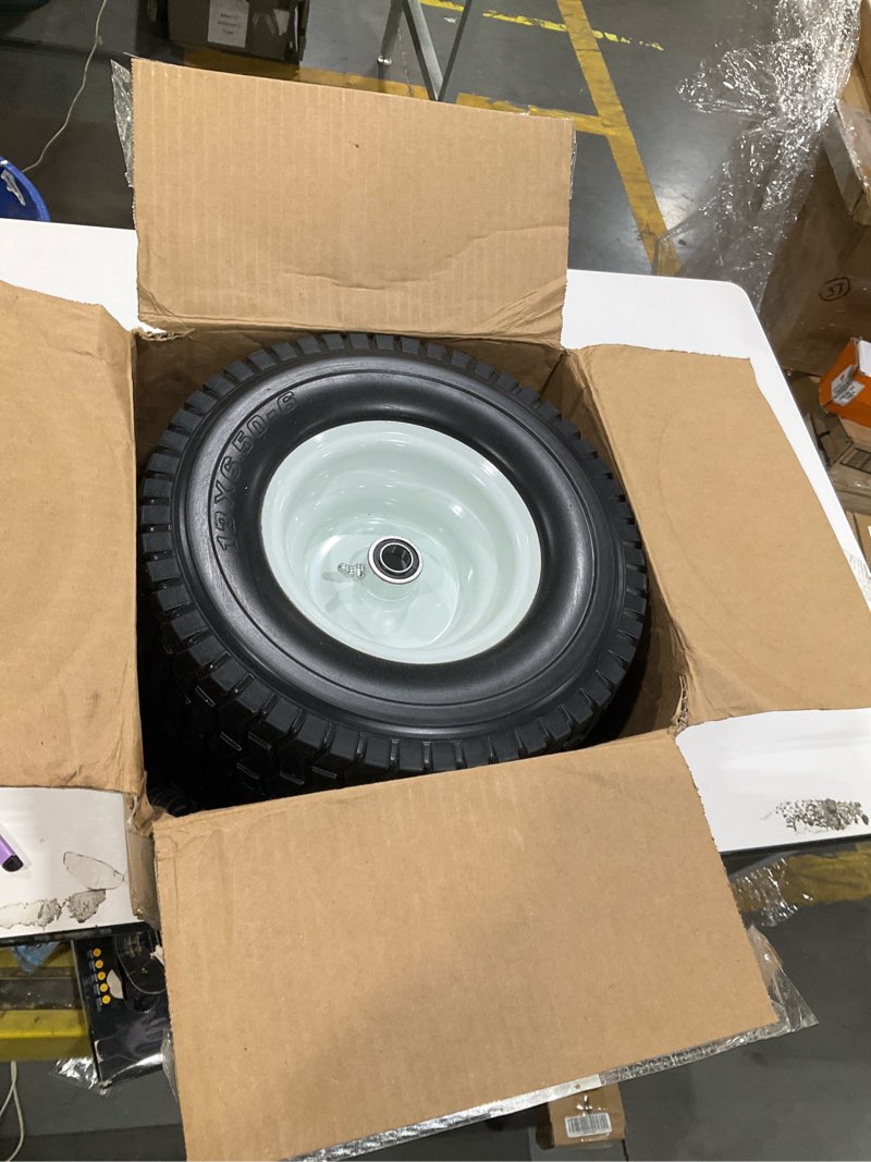 Condition photo showing Good Condition for (2-pack) 13x6.5-6 flat free lawn mower tires & wheels, 13x6.50-6 solid tires for riding mowers, garden tractors & golf carts, 3" centered hub with 3/4" & 5/8" bearings included 13x6.50-6 flat free tire