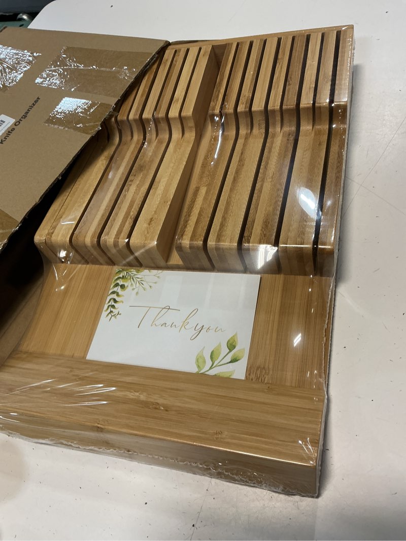 Condition photo showing New/Like New for bamboo kitchen drawer knife holder, in-drawer knife block, knife drawer organizer fit for 16 knives and 1 steel sharpening 17 slots knife holder