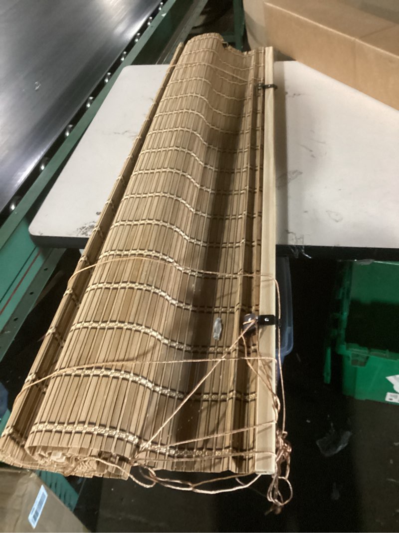 Condition photo showing Good Condition for cordless bamboo roman shades 45x64in, light filtering bamboo blinds for indoor windows, office, bathroom and living room, privacy teak.