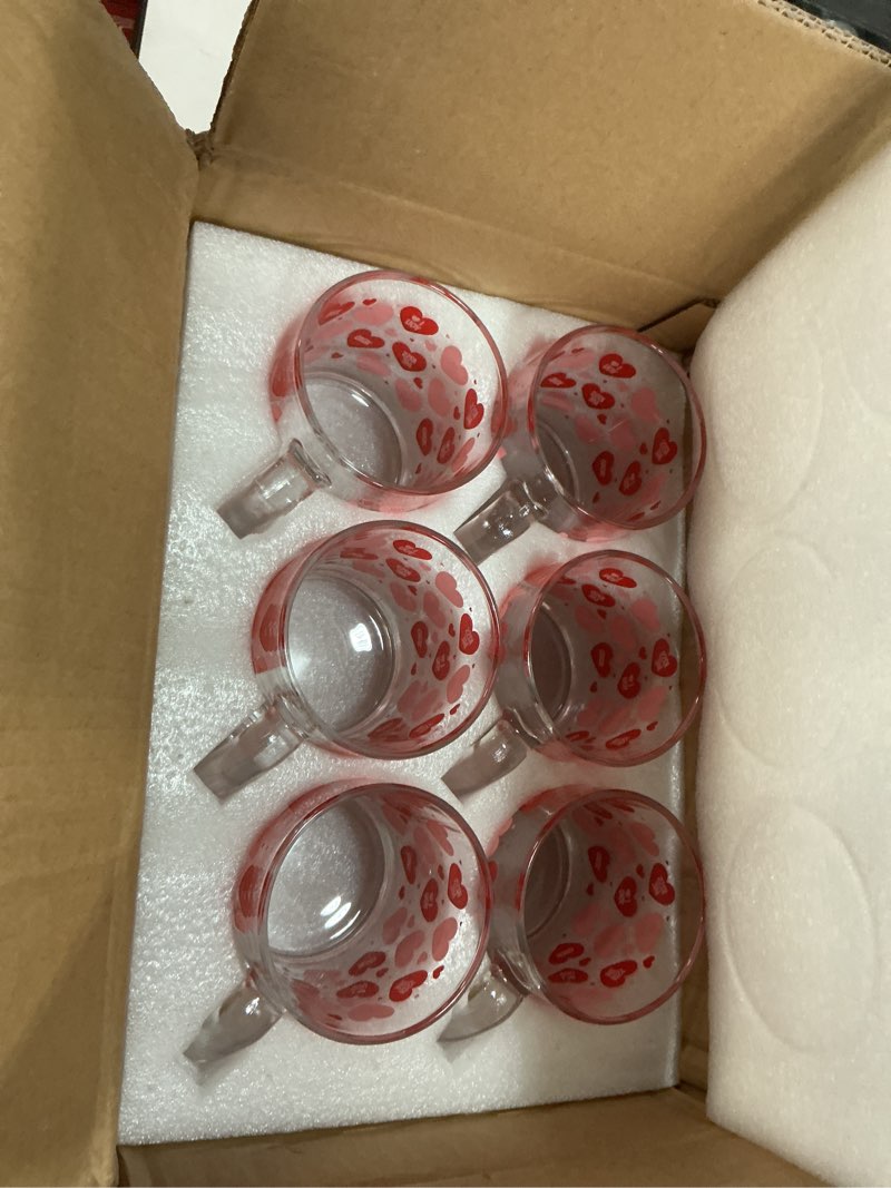 Condition photo showing New/Like New for Baderke 6 Pcs Valentine's Day Heart Glass Coffee Mugs 12 oz with Handle - Romantic Women Ladies Gift for Galentines Party, Bridal Shower & Valentines Day Party Supplies (Red,Pink) Red,Pink 6