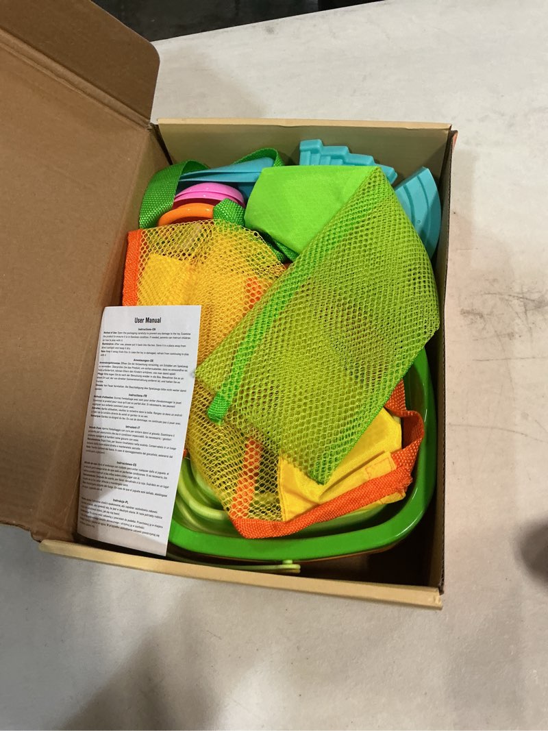 Condition photo showing Good Condition for dreamon beach toys for kids 3-10, collapsible sand toys include 3 pack foldable buckets with mesh bag, 24 pcs beach mold and shovels molds, travel sandbox beach toys for toddler 3*mesh bag