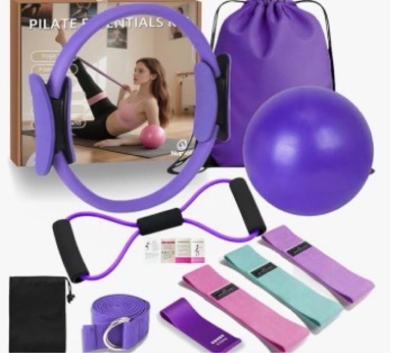 pilates equipment 15\" pilates ring plus, pilates kit for home workouts, pilates essentials kit for women with pilates ring and ball set, booty bands, figure 8 resistance band, yoga band purple