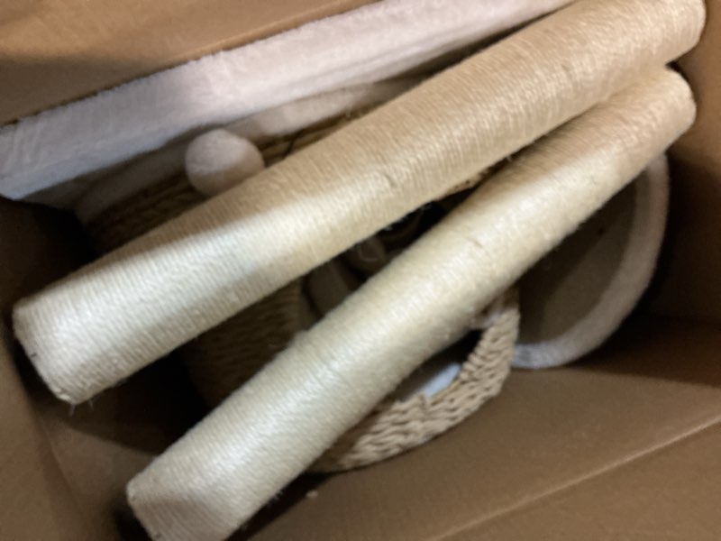 Condition photo showing As Is for modern cat tree, 39" tall cat tree tower for cats, cat condo with scratching posts, multi-level solid wood tower & top perch, cat furniture for big cats 39"tall white