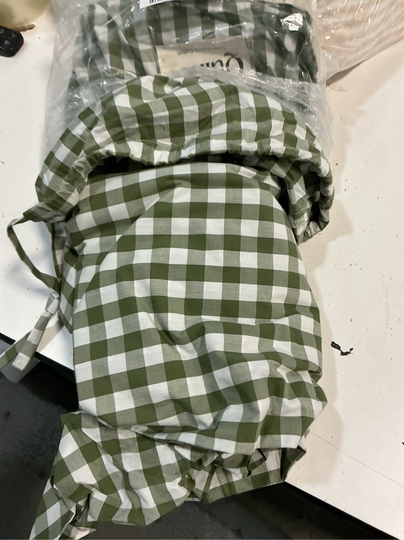 Condition photo showing As Is for quince classic organic percale gingham sheet set, twin, olive