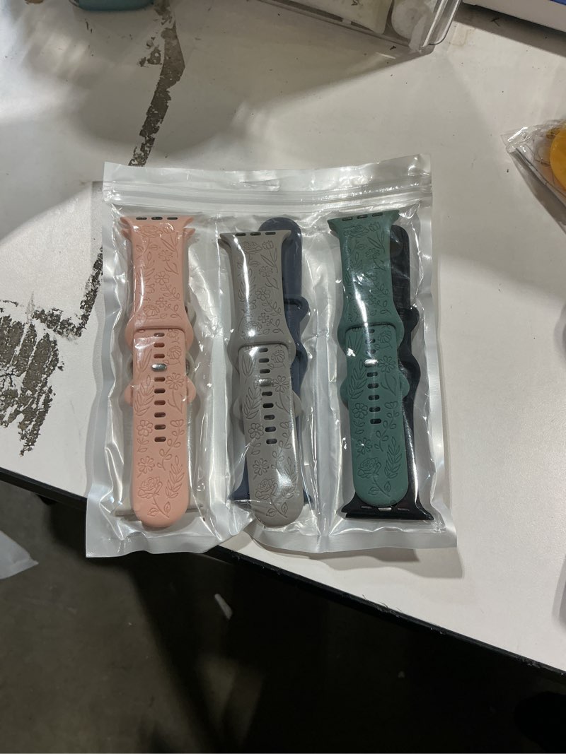 Condition photo showing Good Condition for snblk 6 pack floral engraved bands compatible with apple watch bands 40mm 41mm 42mm 38mm 44mm 45mm 46mm 49mm women men, silicone flower pattern strap for iwatch series 11 10 se ultra 9 8 7 6 5 4 3 2 1 black/starlight/blue grey/pine green/grey/pink sand 44mm/45mm/46mm/49mm/(42mm-series 3 2 1)