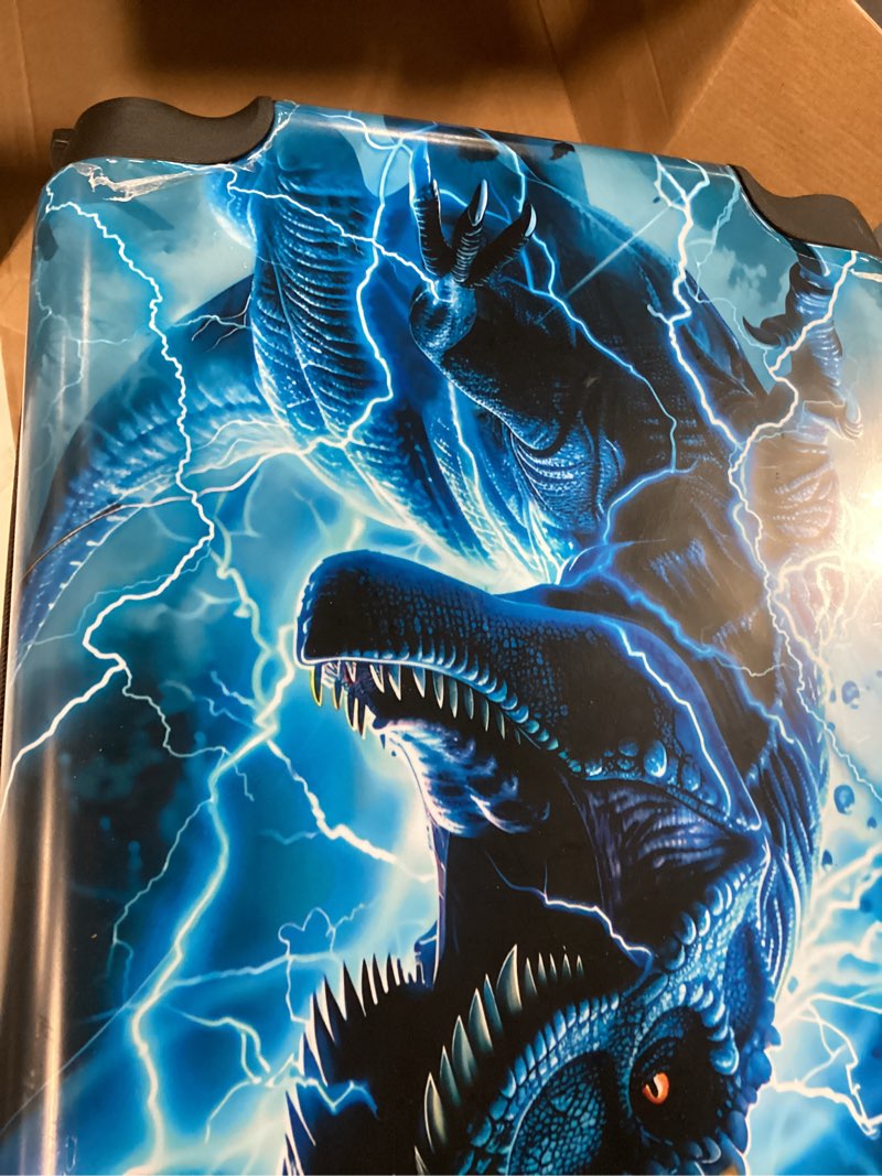 Condition photo showing New/Like New for ufndc lightweight hardshell spinner luggage set for kids 2pcs with wheels - airplane approved carry-on suitcase for boys ages 3-10, lightning dinosaur rolling suitcases for elementary toddler travel blue lightning dinosaur luggage 2pcs set