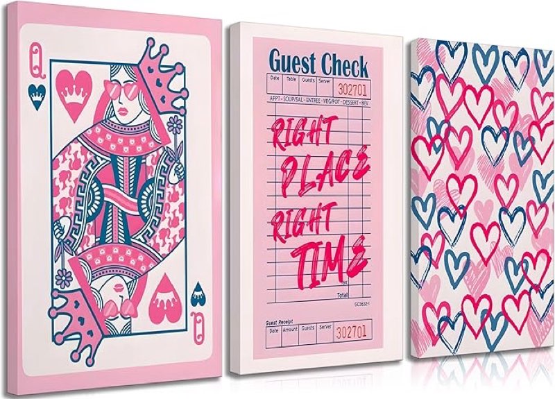 Framed Modern Aesthetic Pink Queen Hearts Canvas Wall Art Retro Funky Preppy Paintings Playing Card Pictures Wall Decor Posters Prints for Living Room Girls Bedroom