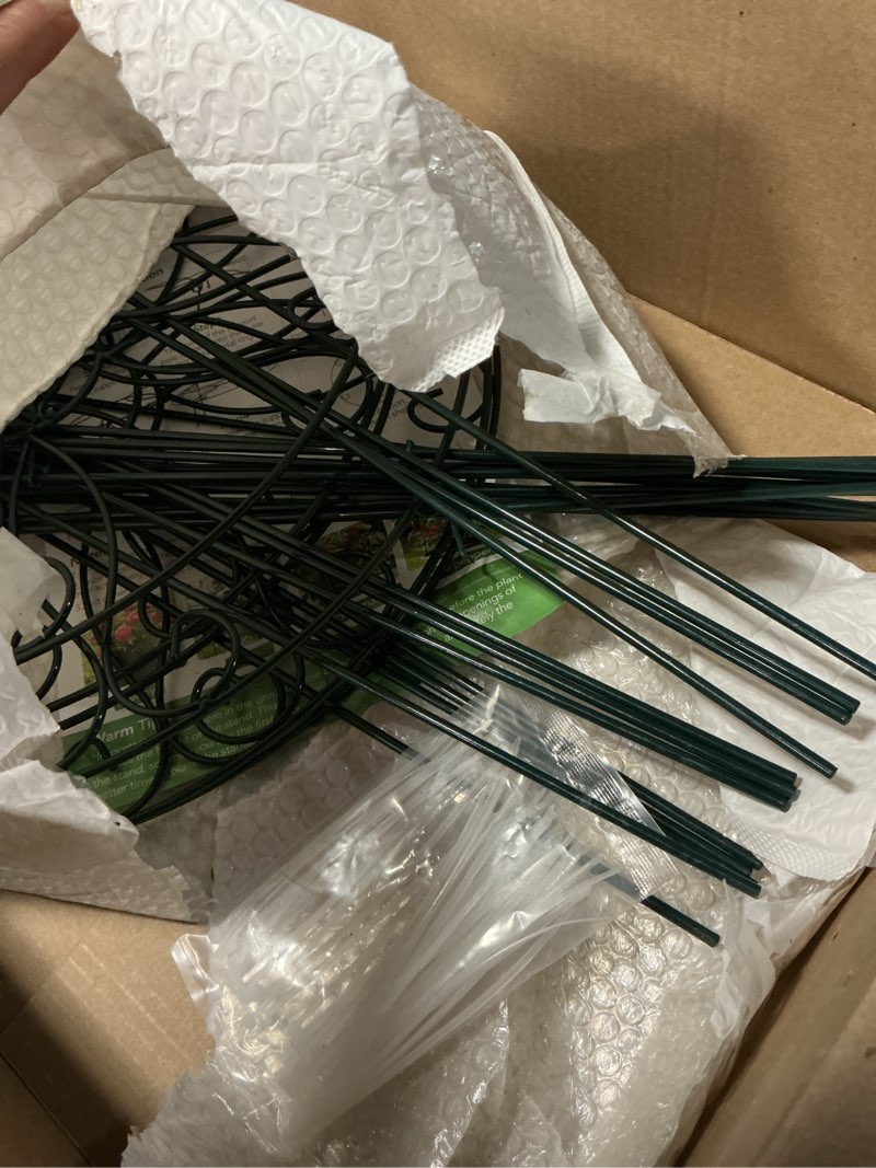 Condition photo showing Good Condition for 6 pack 16 x 24 inch peony cages and supports, 16" d x 24" h grow through plant support grid brace for outdoor plants flower, metal peony stake peony ring hoops frame support for rose tomato vegetables