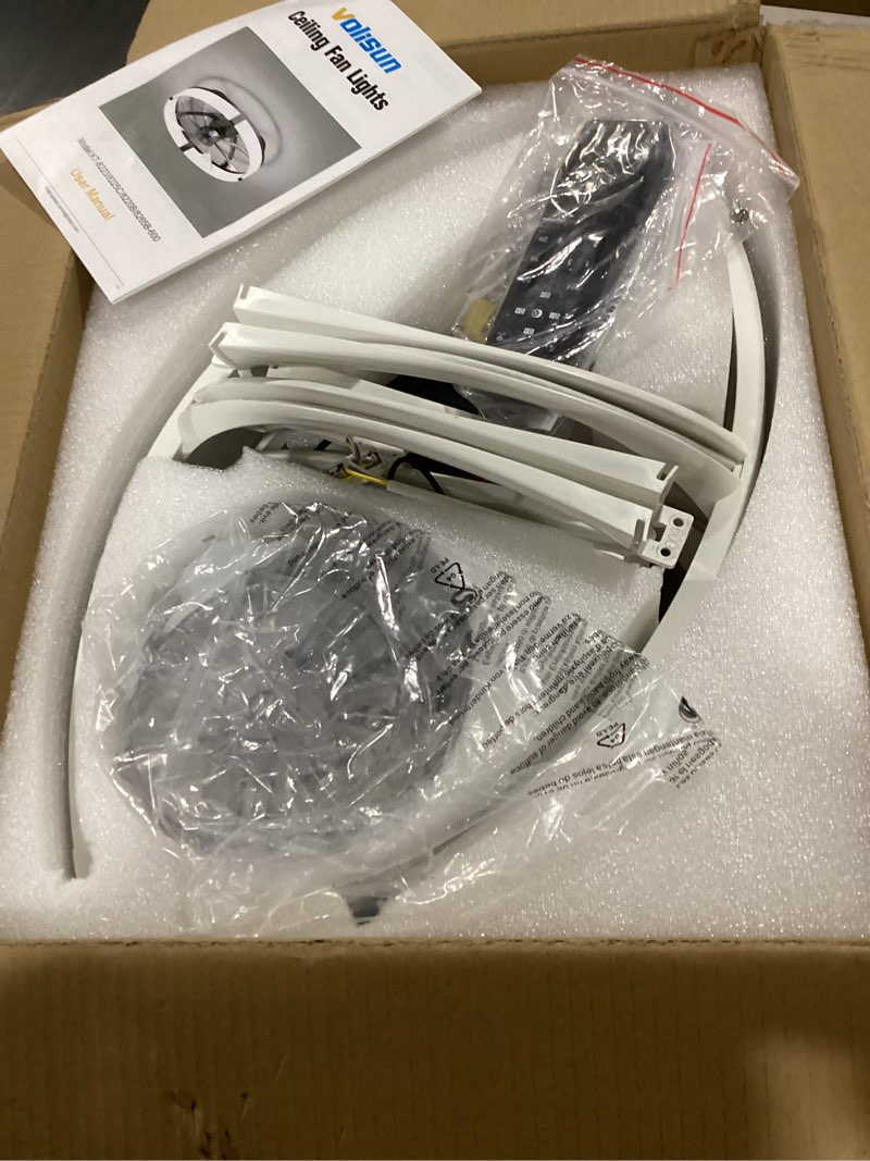 Condition photo showing New/Like New for volisun low profile ceiling fans with lights and remote, 23.6in flush mount ceiling fans with light, 3000k-6500k dimmable fandelier ceiling fan, white bladeless ceiling fan for bedroom white 23.6 inch