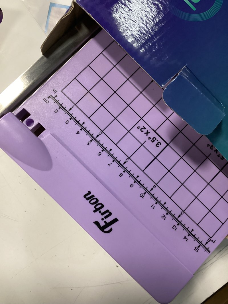 Condition photo showing As Is for firbon 12" guillotine paper cutter with hidden ruler, compact heavy duty 12-sheet capacity trimmer for cardstock, photos, scrapbooking, office, classroom, studio (purple)