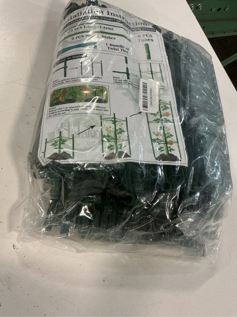 Condition photo showing Good Condition for halatool 8 pack tomato cages for garden, up to 48in (4ft) adjustable tomato cage, garden stakes tomatoe trellis for pots, tomatoes plant support for raised garden bed & climbing vegetables flowers 8 pack 48 inches