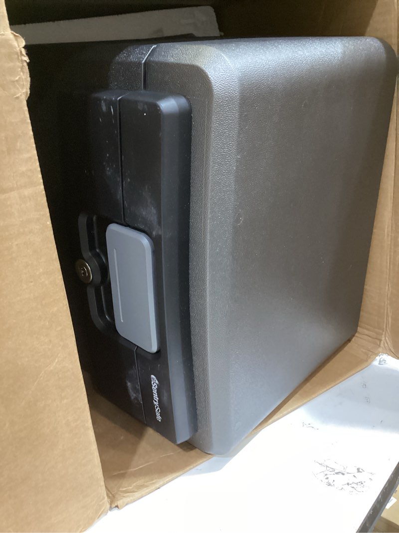 Condition photo showing As Is for sentrysafe black fireproof and waterproof safe, file folder and document box with key lock, 14.3 x 15.5 x 13.5 inches, hd4100