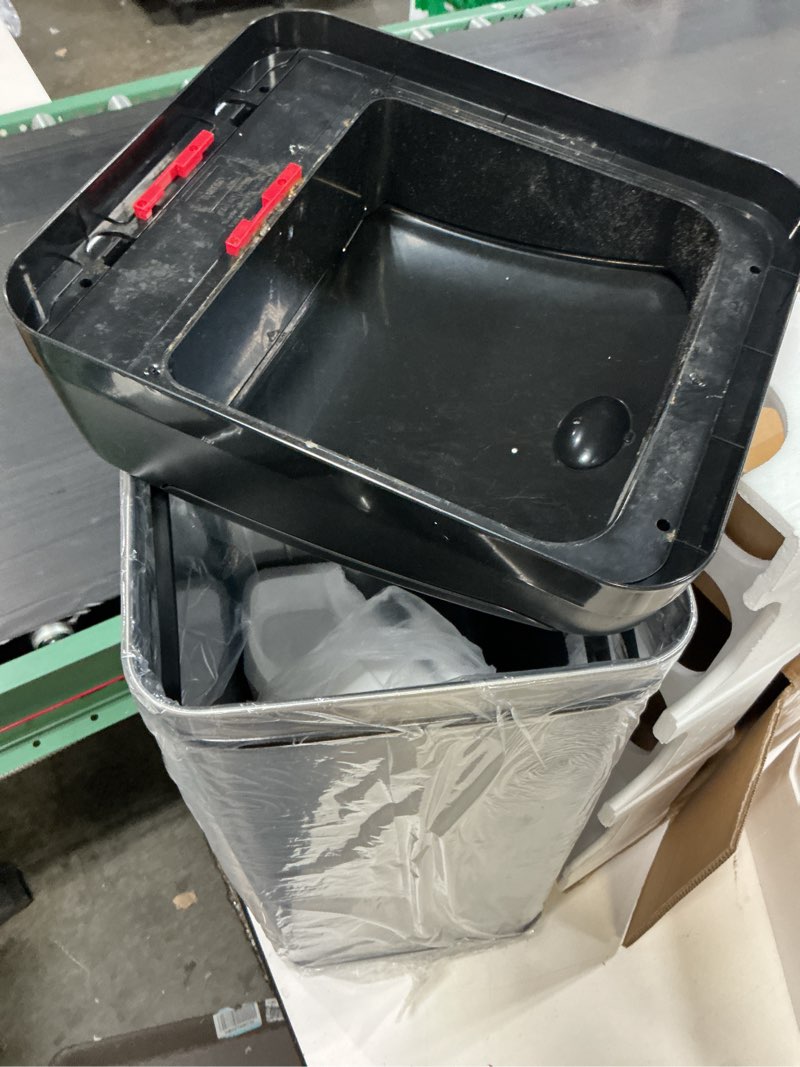 Condition photo showing As Is for itouchless 50l / 13 gal. dog-proof sensor kitchen trash can | odor filter | absorbx odorless pet-lock touchless lid wastebasket | stainless steel garbage recycling bin for kitchen, home, office, dorm brushed silver 13 gal petguard sensor