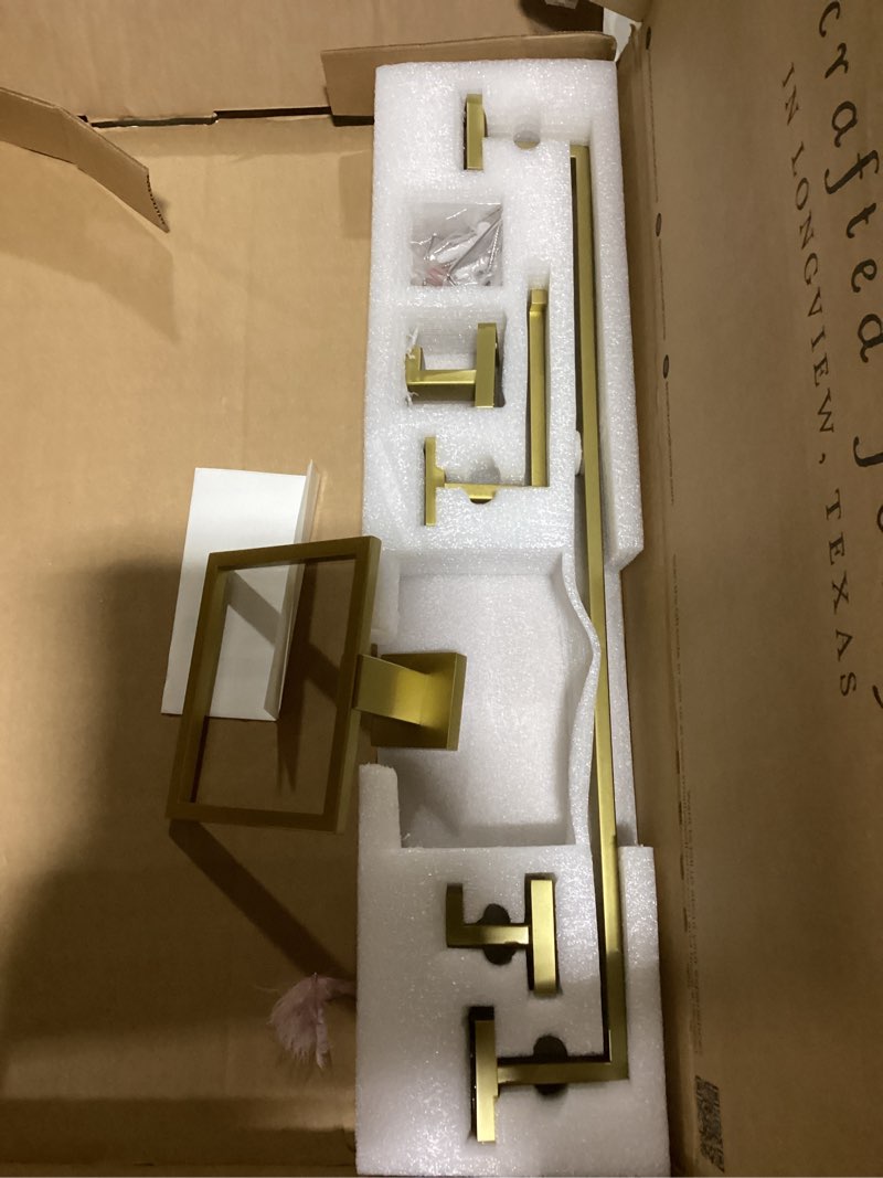 Condition photo showing Good Condition for tnoms brushed gold towel bar set bathroom hardware set, 5 pieces gold bathroom accessories set stainless steel wall mounted towel holder for bathroom 23.6in