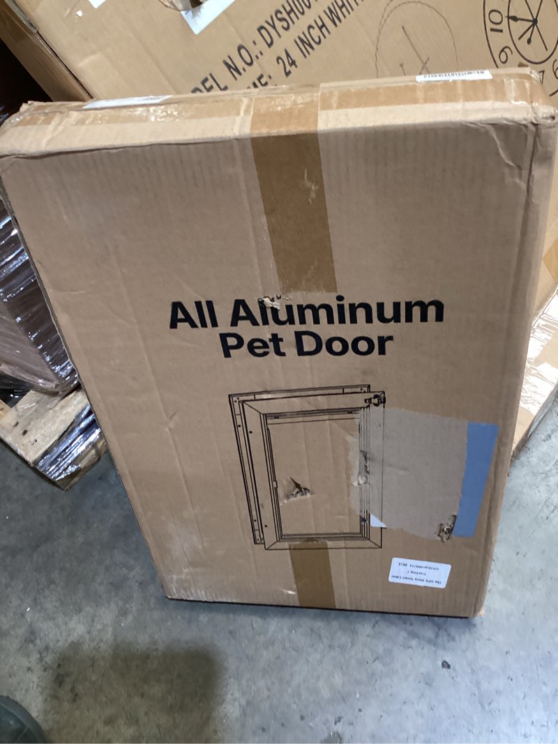 Condition photo showing As Is for dog door for door all aluminum 3 flaps black, large dog doggy doggie door, heavy duty pet door for dogs cats, with insulation flap, telescoping tunnel, sliding closing panel, for pets up to 110lb
