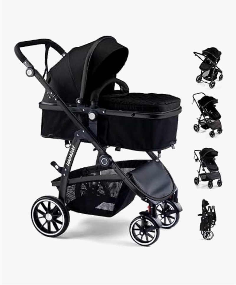 baby stroller, 2-in-1 reversible toddlerseat with lie-flat mode, foldable infant stroller with canop