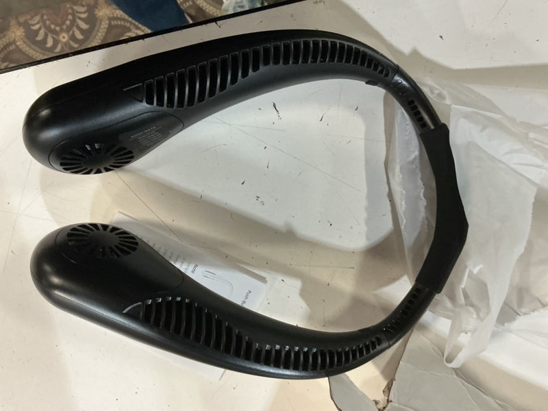 Condition photo showing Good Condition for portable bladeless neck fan, fathers day gift for men dad blue collar workers, birthday gift for mom women teacher, wearable cooling fan rechargeable for camping travel beach golf cruise essentials black