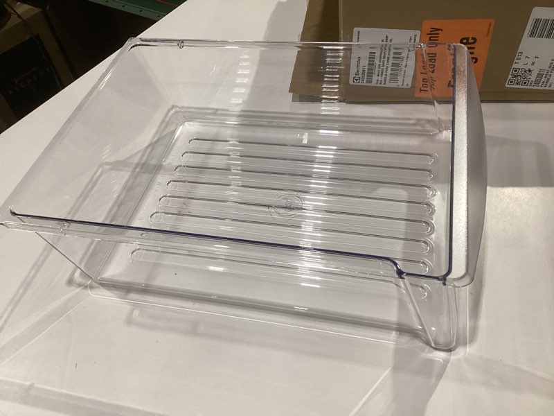 Condition photo showing As Is for g-plus upper crisper pan drawer compatible with frigidaire refrigerator models frs6lr5eb6 240351005, 240351062 clear, similar to stock photo,