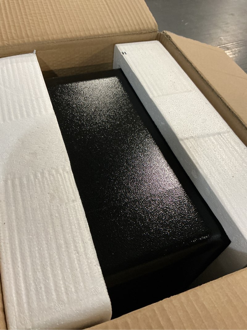 Condition photo showing Good Condition for biometric fingerprint safe, keypad code access and backup keys, quick access digital safe for home or office, stores cash jewelry etc., compact, easy setup, solid metal build. 13.77d x 9.84w x 9.84h