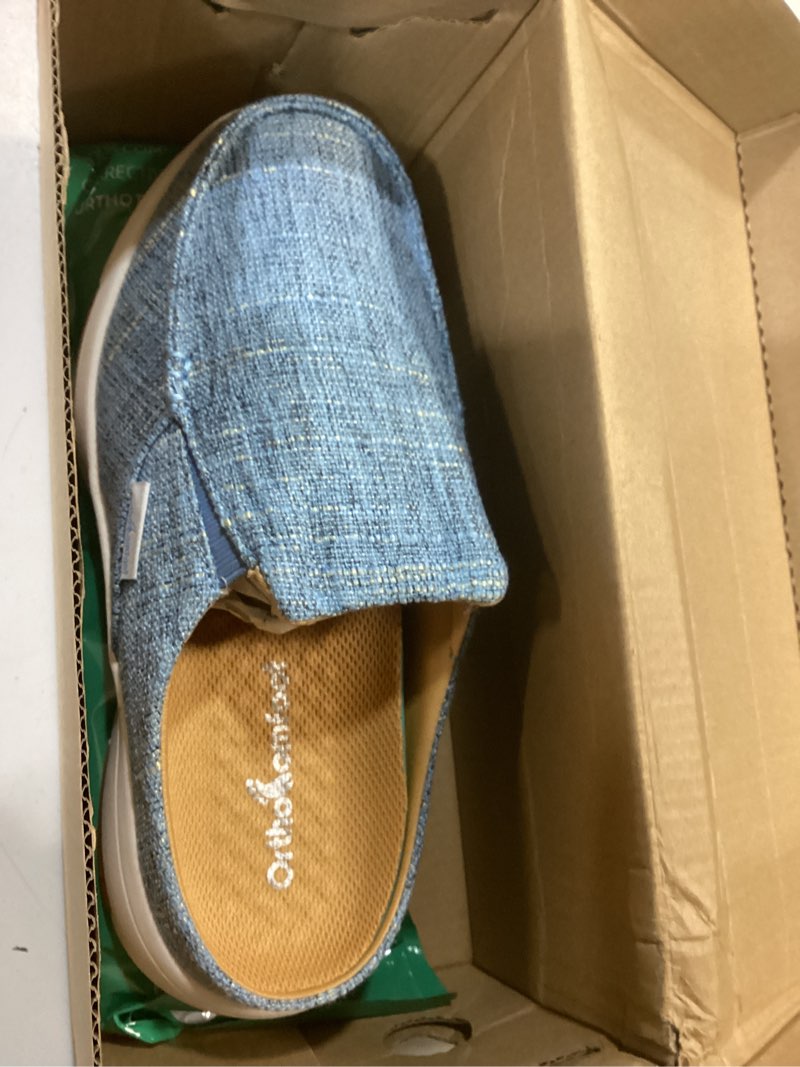 Condition photo showing As Is for ( incomplete 1 piece only) OrthoComfoot Women's Orthopedic Slip-On Loafers Walking Shoes: Comfortable Arch Support Slippers for Plantar Fasciitis, Casual Canvas Orthotic Mule Clogs for Foot Heel Pain Relief 7.5 W6-blue/Brown