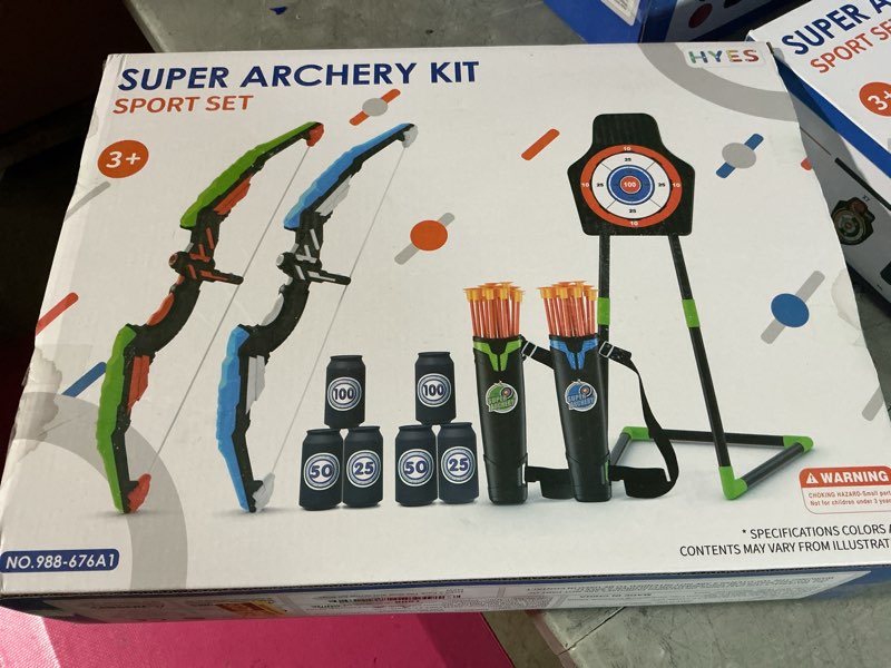 Condition photo showing New/Like New for hyes 2 pack bow and arrow for kids, led light up archery set with 24 suction cup arrows, 1 standing target, 6 score targets & 2 quiver, indoor outdoor sport gifts for boys girls ages 4-8 2 pack-standing target