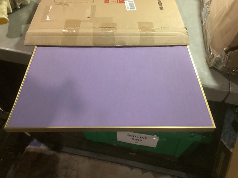 Condition photo showing As Is for bulletin board 30 x 20 inches, mystic violet pin board, golden aluminum framed fabric cork board with 10 push pins mystic violet fabric & golden frame 30 x 20 inches