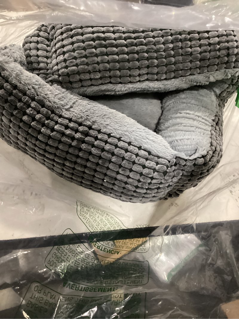 Condition photo showing As Is for Small Dog & Cat Bed - Extra Soft, Washable, Non-Skid, Calming for Puppy & Kitten, Grey, 20 inches 20"L x 16"W x 6"Th Grey