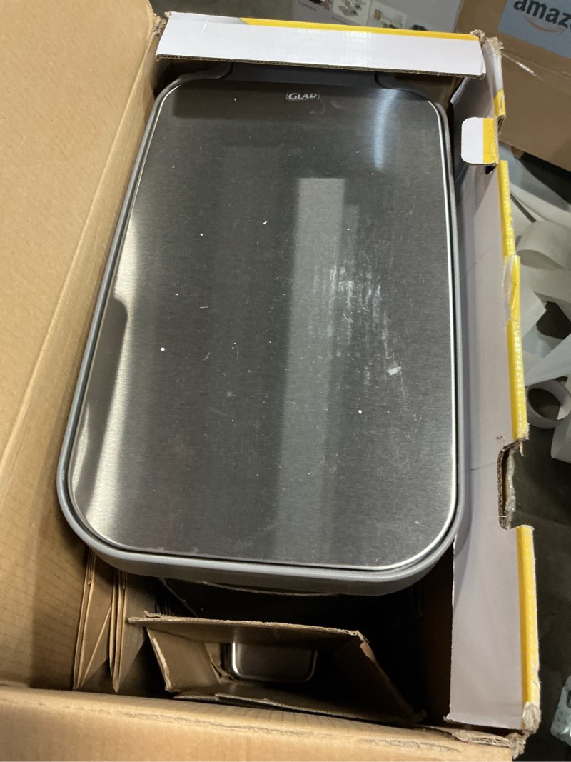 Condition photo showing Good Condition for glad slim trash can with clorox odor protection - narrow kitchen garbage bin with soft close lid, step on foot pedal and waste bag roll holder, all stainless, 12 gallon/45 liter