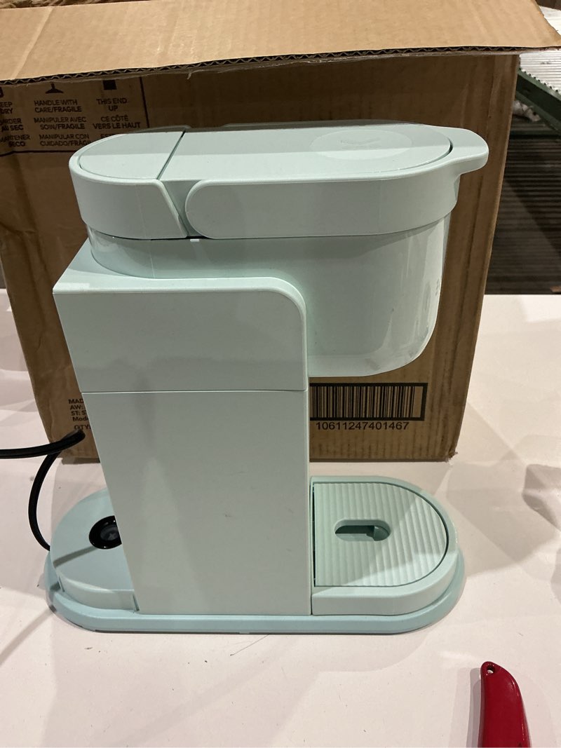 Condition photo showing As Is for keurig k-express single serve k-cup pod coffee maker, 3 brew sizes, strong button feature, 42oz removable reservoir, mint