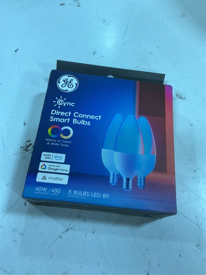 Condition photo showing New/Like New for ge cync smart led light bulbs, color changing decorative light bulbs, indoor wifi lights, matter compatible, compatible with alexa and google home, candelabra base (3 pack)