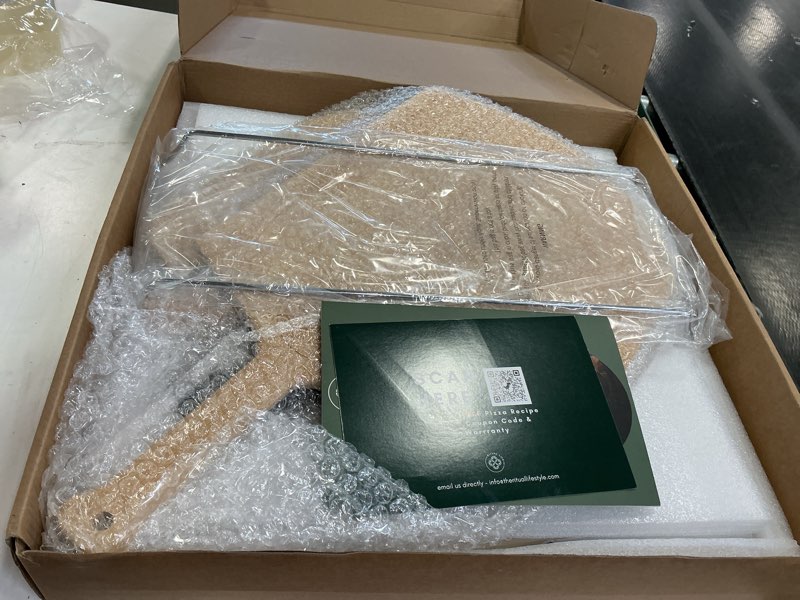 Condition photo showing New/Like New for Large Pizza Stone for Oven 16 inch - Round Pizza Stone for Grill with Handles, Wood Pizza Peel and Cutter Set - Baking Stone for Bread - Pizza Making Kit Accessories - Gifts for Food Lovers Round Stone, Wood Peel & Cutter