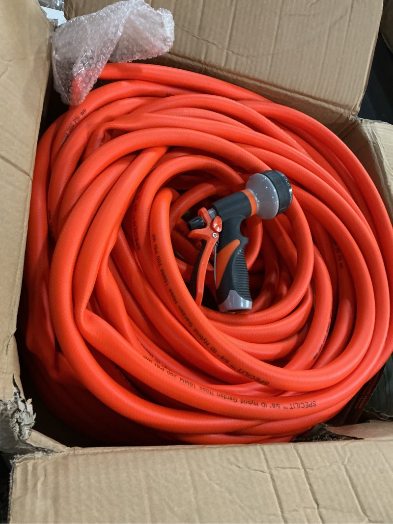 Condition photo showing Good Condition for specilite garden water hose 200 ft x 5/8 in heavy duty, flexible and lightweight, burst 600 psi, kink-less hybrid rubber pipe for backyard, 3/4'' brass fittings, orange 5/8" orange 200ft