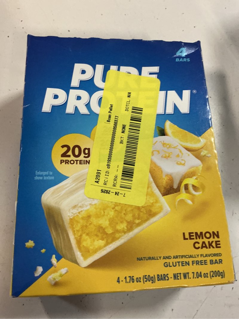 Condition photo showing Good Condition for best by 19 mar 2027 pure protein bars, lemon cake, 20g protein, gluten free, 1.76 oz, 4 ct