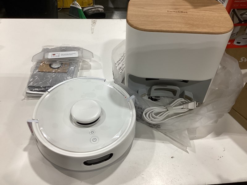 Condition photo showing As Is for switchbot k11+ robot vacuum & mop with matter, 6000pa suction, 90-day hands-free self-emptying, lds navigation, 3.6? ultra-slim, anti-tangle for pet hair, works with alexa, google home, apple home