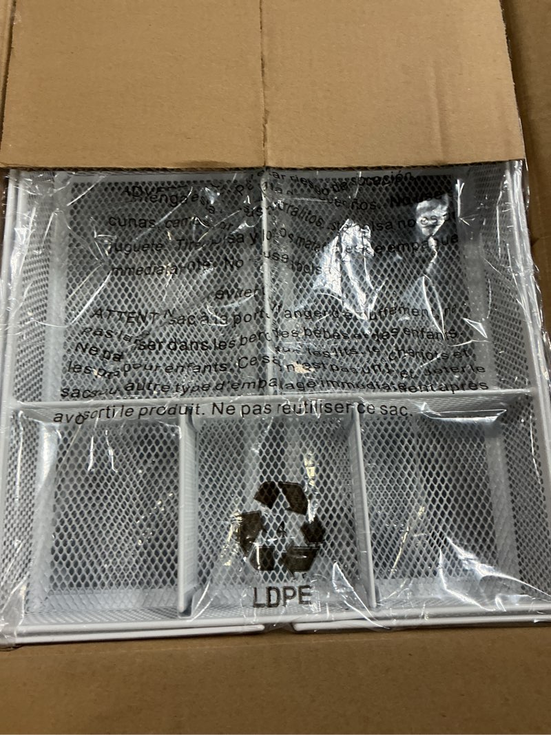 Condition photo showing New/Like New for Marbrasse Expandable Desk Drawer Organizer, Mesh Drawer Organizer Tray with 10 Adjustable Compartments, Desk Organizers and Accessories for Office Supplies, Makeup & Vanity (Expandable White-2 pack) White-2P