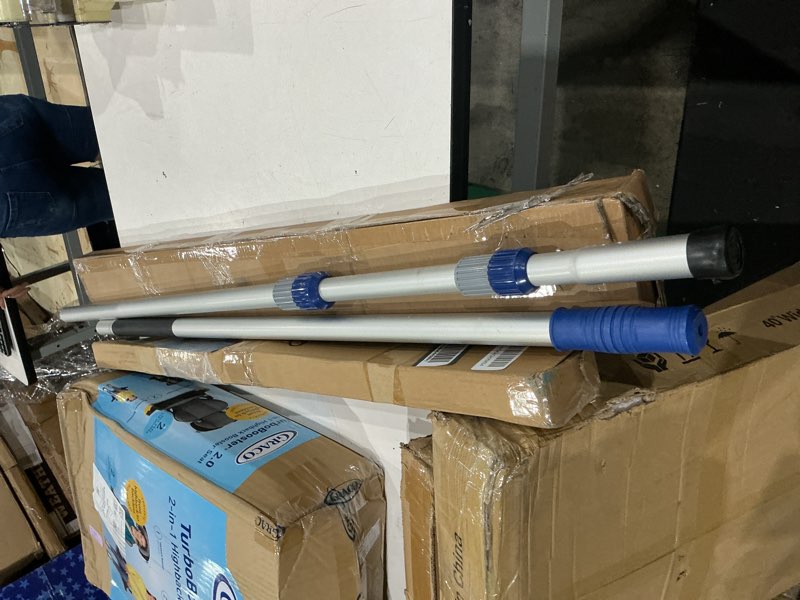 Condition photo showing As Is for poolvio 12ft pool pole, 2-piece telescopic swimming pool cleaning pole with universal threaded tips, 2-in-1 design for skimmer nets, vacuum heads, brushes & household cleaning tools | rust-proof aluminum alloy, non-slip grip, anti-scald sleeve, fits 1-1/4" pool tools & threaded household cleaning tools 12 foot pro